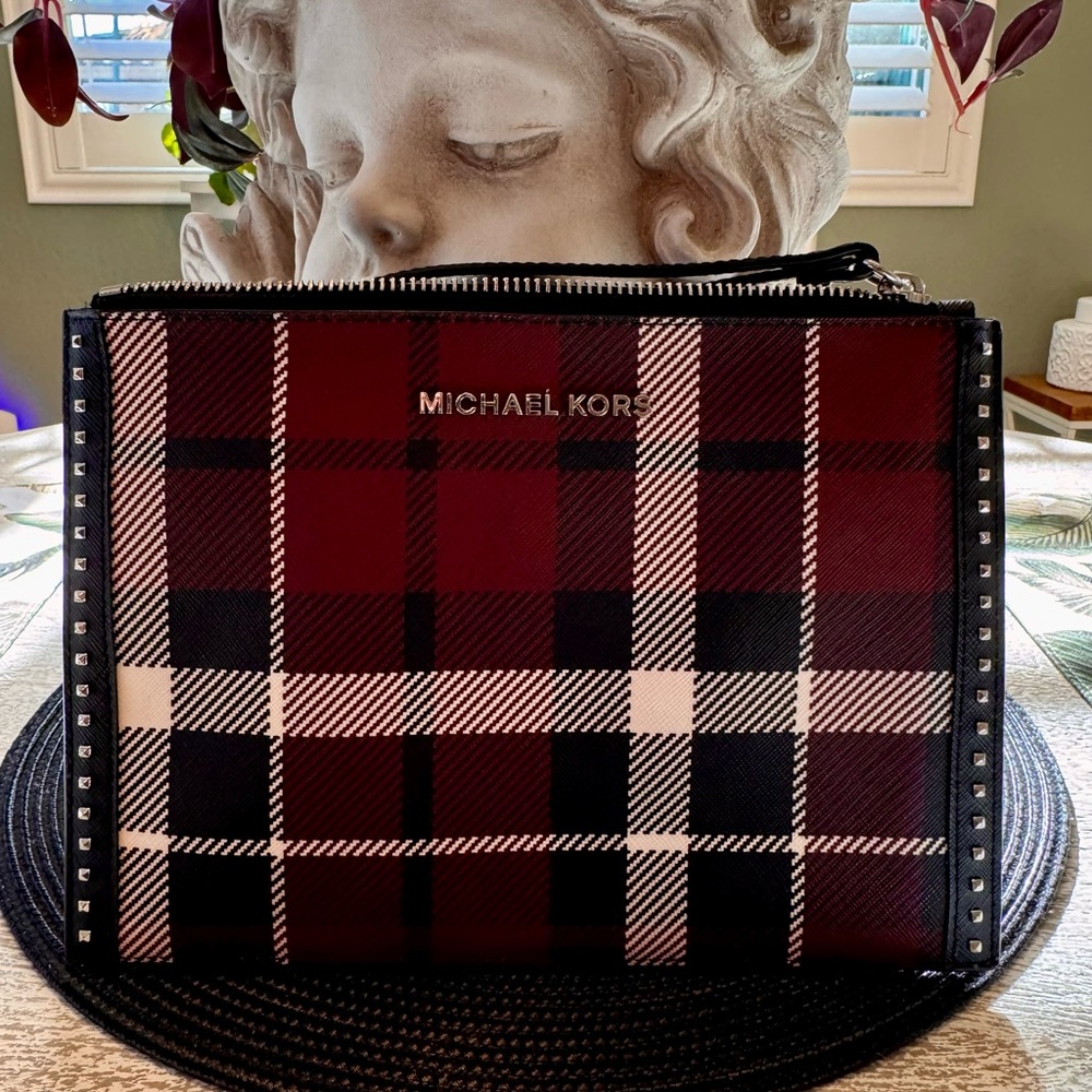 Michael Kors Burgundy and Black Plaid Studded Wristlet